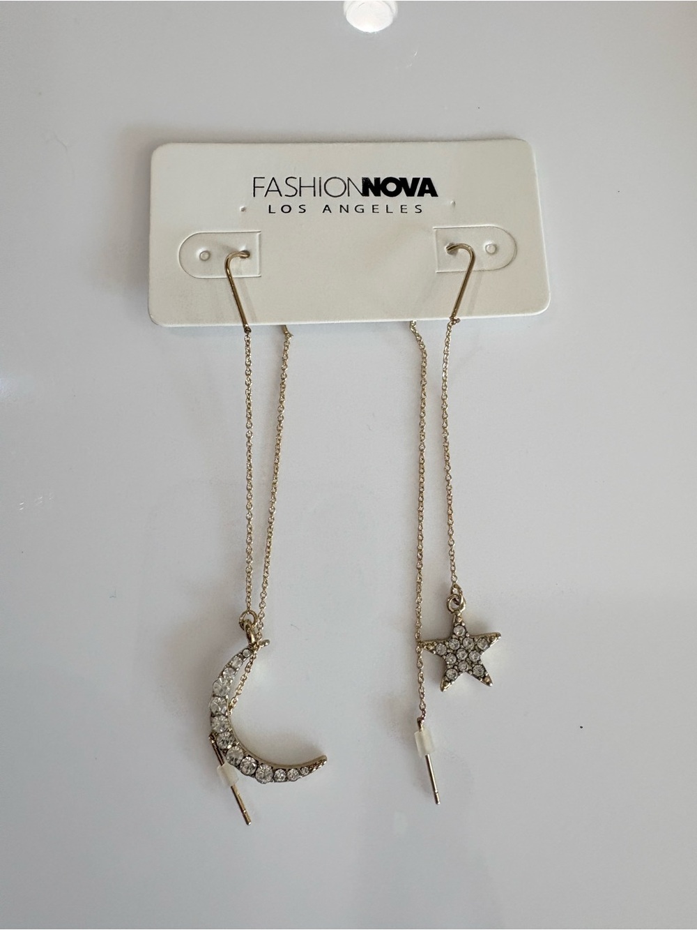 ⭐️ Fashion Nova Gold Crystal Crescent Moon & Star Threader Earrings Halloween